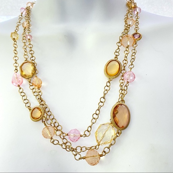 DANA KELLIN Goldtone Layered Pink Yellow and Clear Glass Bead Necklace - Picture 4 of 7